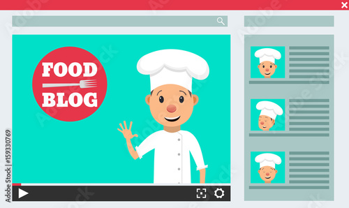 Food blog. Video blogger concept. Male blogger channel. Computer screen with video player. Vector illustration in flat style
