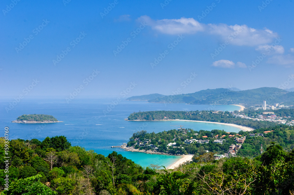 Fototapeta premium Top view of Beautiful Landscape and Tropical. Seascape, Sea View and Cape with blue sea, sky background and mountain and cape foreground