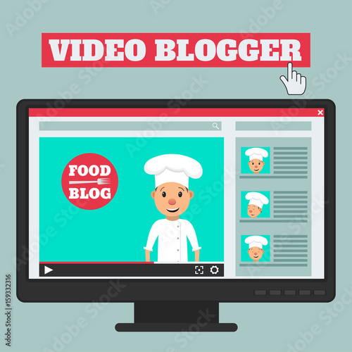 Food blog. Video blogger concept. Male blogger channel. Computer screen with video player. Vector illustration in flat style