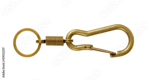 brass carabiner for key chain with rings isolated on white backgroundd