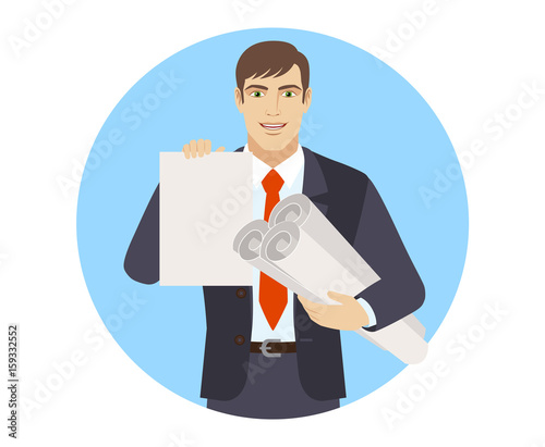 Businessman holding the project plans and showing paper