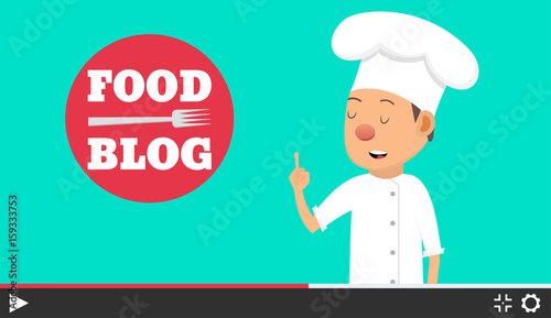 Food blog. Video blogger concept. Male blogger channel. Computer screen with video player. Vector illustration in flat style