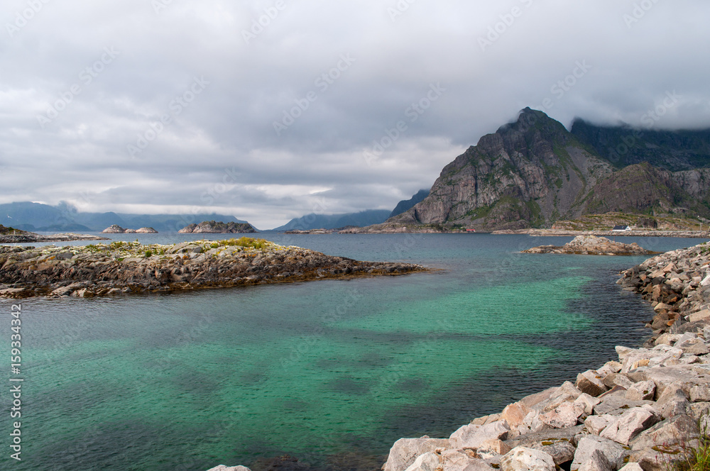 Pointed mountains by sea and bay - Lofoten, Norway