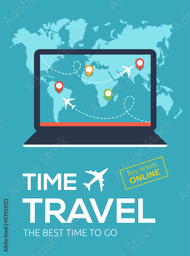 Banner of Travel Company. Illustration for Online flight booking service.Time travel. The best time to go.