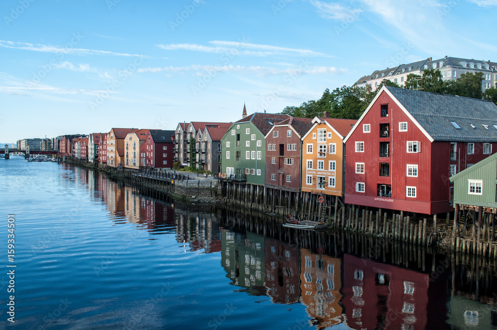 Waterfront with colorful wooden houses - Trondheim, Norway.