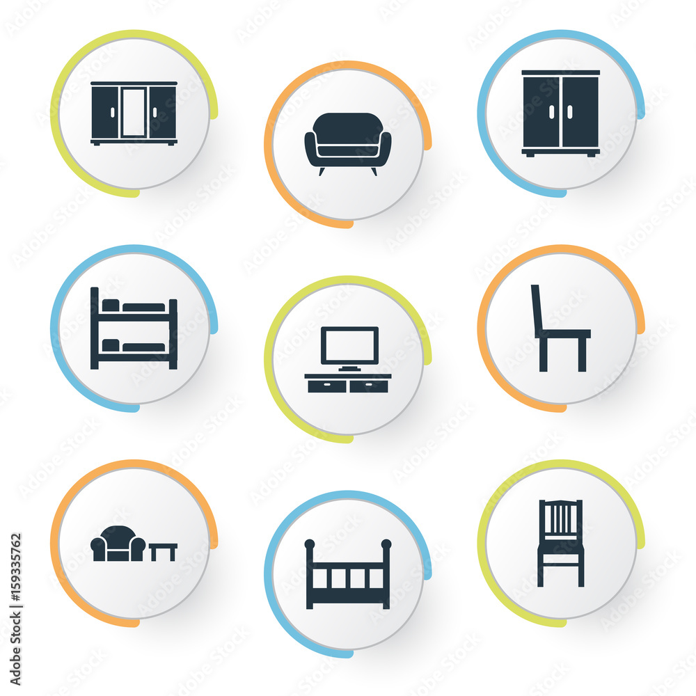 Vector Illustration Set Of Simple Furniture Icons. Elements Bunk Bed