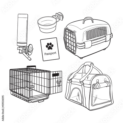 Pet transport, travel set - cage, carrier, bag, passport, drinker, food bowl, sketch vector illustration isolated on white background. Pet transport, travel accessories on white background