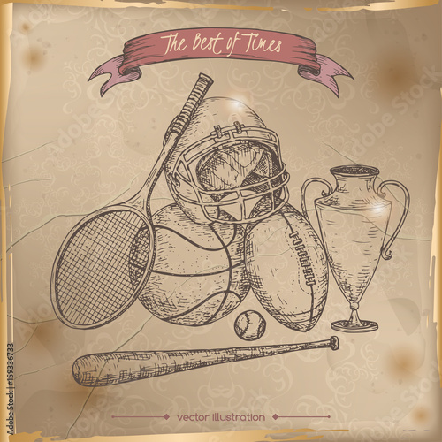 Antique sport gear hand drawn sketch on old paper background.