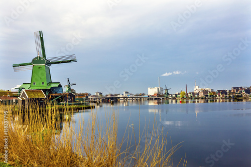 Wooden Windmills Modern Industry Zaanse Schans Village Holland Netherlands