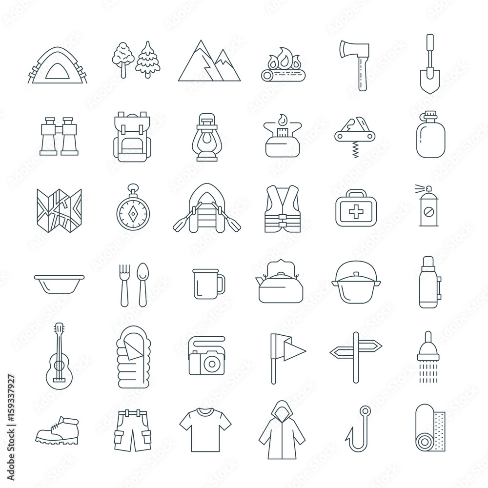 Summer camping thin line icons. Vector flat outline graphics. Outdoor ...