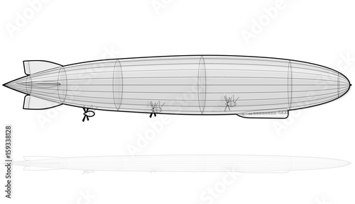 Legendary huge zeppelin airship filled with hydrogen. Outlined stylized flying balloon. Big dirigible, propellers, rudder. Long zeppelin, white background, rigid airship. Isolated vector illustration.