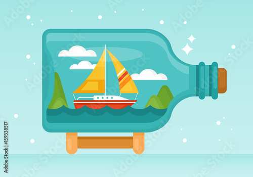 Boat in bottle flat style vector illustration. Summer vacation concept