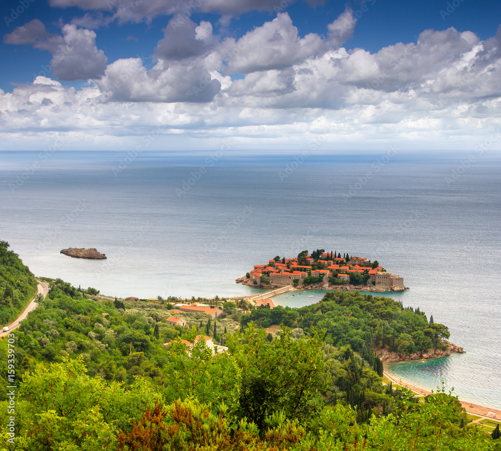 Landscape of the small island and resort Sveti Stefan.Coast Budva Riviera. Mediterranean sea.  Montenegro.View from the top of the mountain.