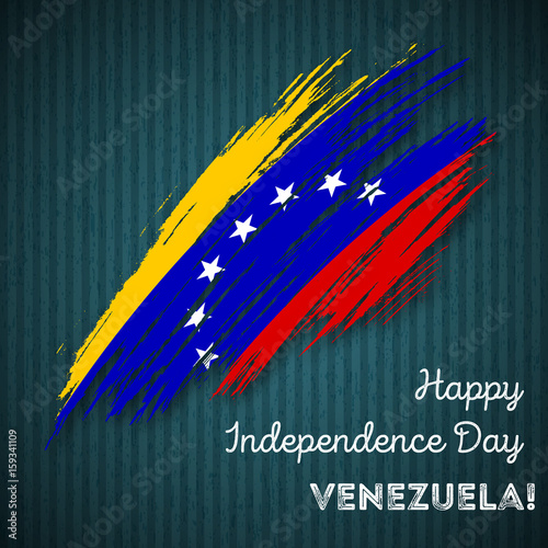 Venezuela Independence Day Patriotic Design. Expressive Brush Stroke in National Flag Colors on dark striped background. Happy Independence Day Venezuela Vector Greeting Card.