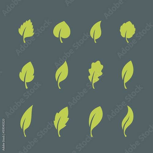 Leaf icons set isolated on dark background.