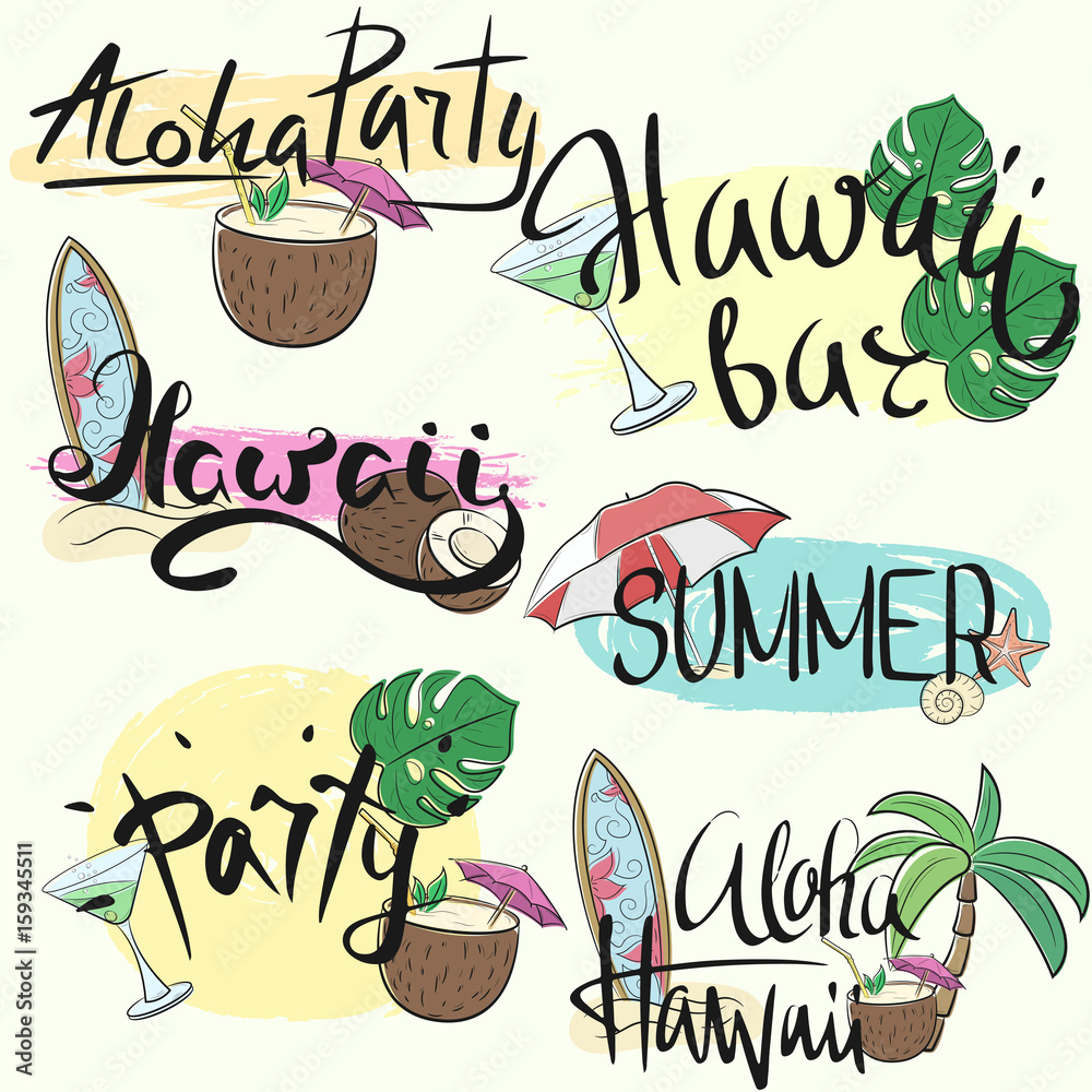 Vector hand-drawn lettering with illustrations of leaves of palm trees, surfing, cocktails, etc. Summer labels, logos, hand drawn tags and elements set for summer holiday