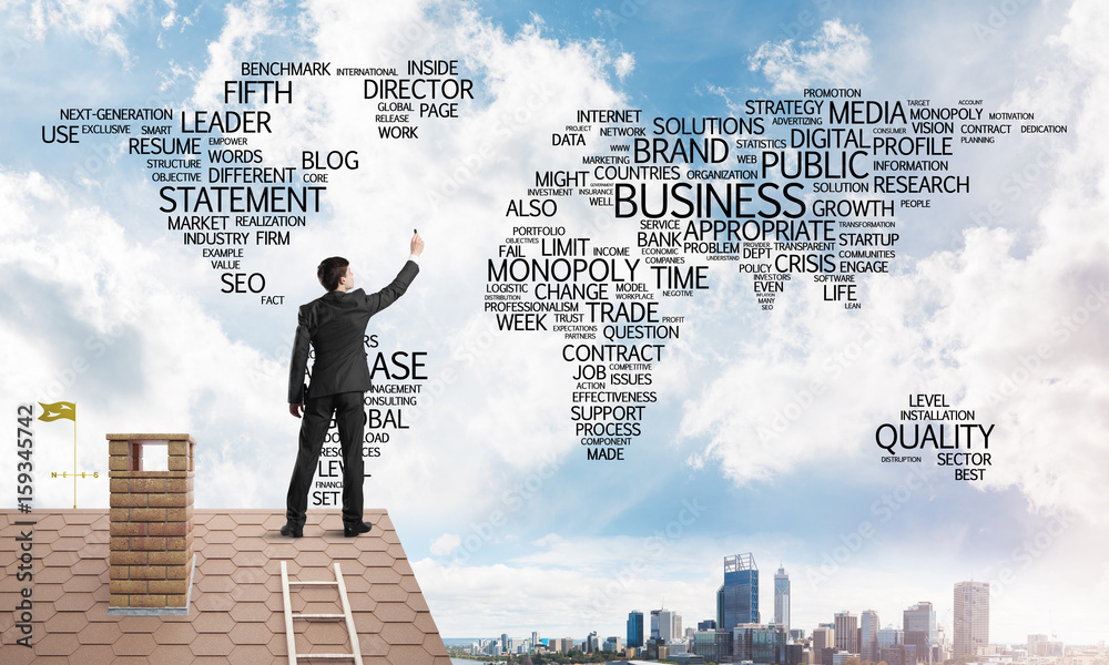 Businessman on brick roof draw world map as concept of globalization. Mixed media Businessman on brick roof draw world map as concept of globalization. Mixed media