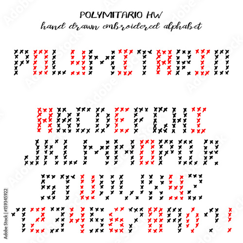 Hand drawn alphabet, written grunge font with knitted letters sans serif: capital basic latin letters and numbers. Polymitario hand written font. Vector illustration
