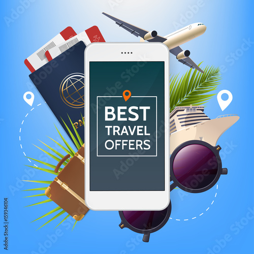 Travel offer banner. Illustration with screen of smartphone and attributes of vacation. Plane, passport and tickets, sunglasses, retro suitcase, cruise ship, tropical leaves.Vector eps10.