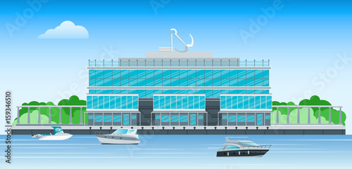 Sea port with yachts and boats. Flat. Vector