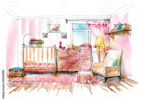 Children's bedroom. Interior of a room newborn girl.Watercolor hand drawn illustration.