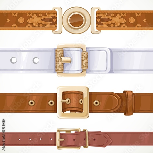 Various leather belts buttoned on buckles isolated on white background