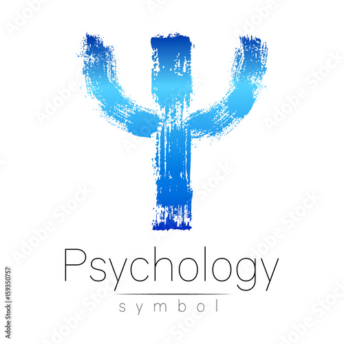 Modern logo of Psychology. Psi. Creative style. Logotype in vector. Design concept. Brand company. Blue color letter on white background. Symbol for web, print, card, flyer. Brush stroke