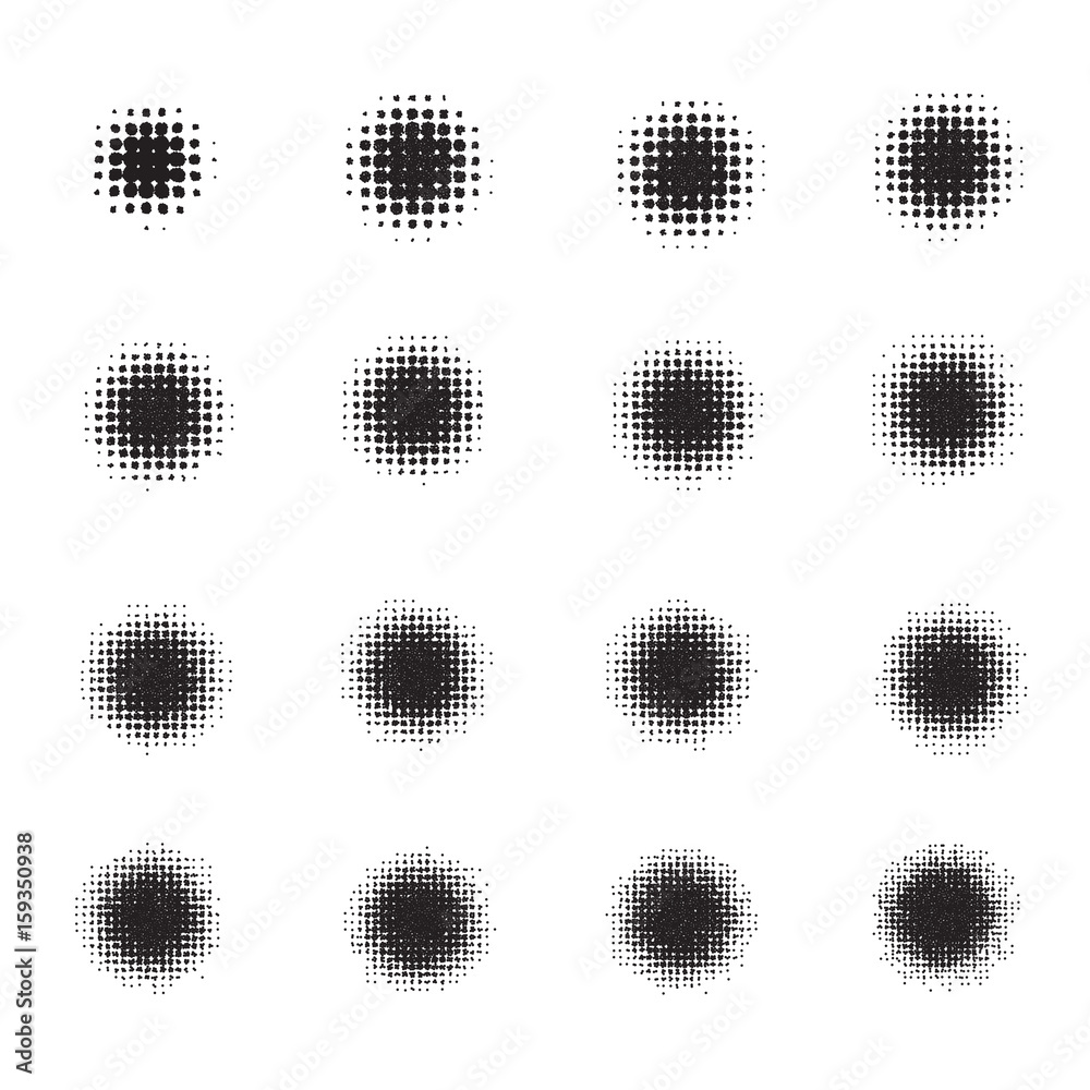 Set of Halftone circles isolated on white background.Collection of halftone effect dot patterns.Vector illustration.