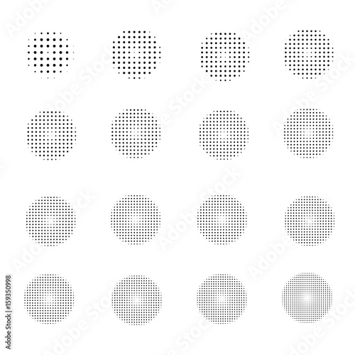 Set of Halftone circles isolated on white background.Collection of halftone effect dot patterns.Vector illustration.