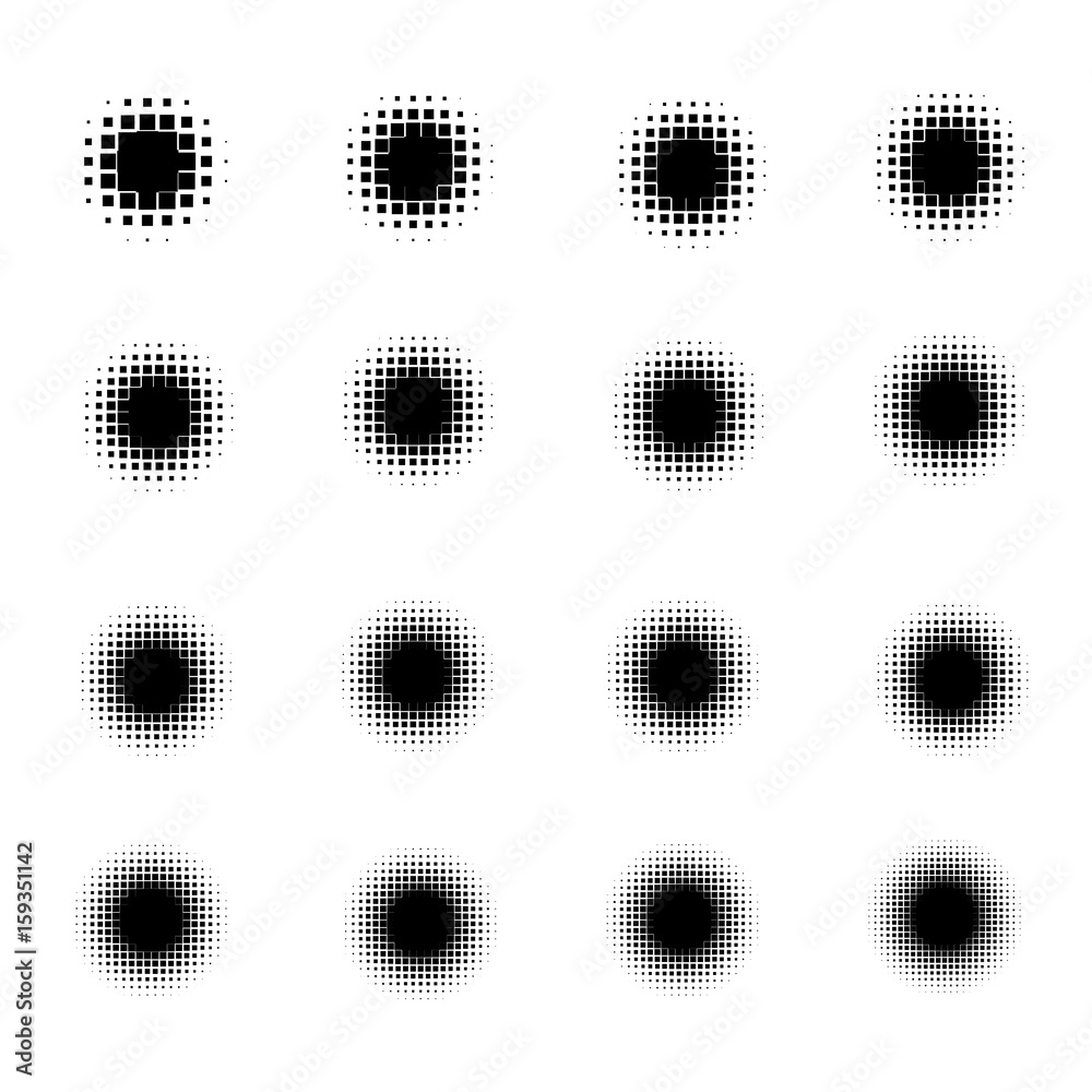 Set of Halftone squares isolated on white background.Collection of halftone effect dot patterns.Vector illustration.
