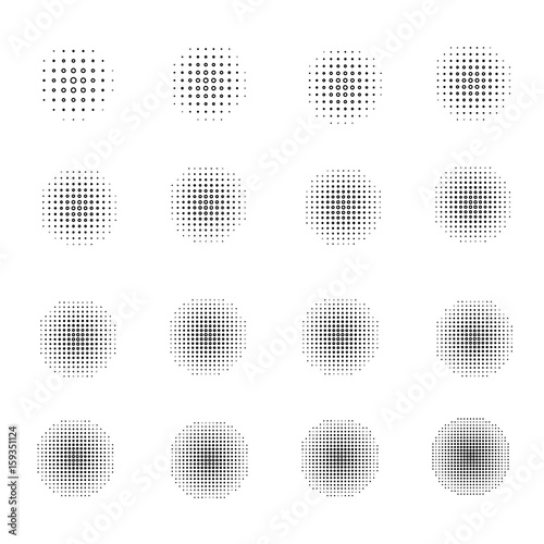 Set of Halftone circles isolated on white background.Collection of halftone effect dot patterns.Vector illustration.