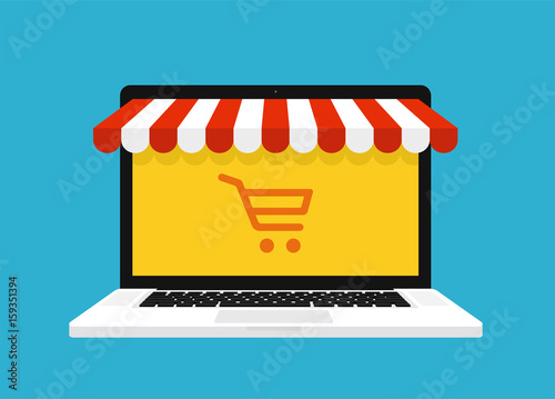 Online shopping concept. Laptop with awning - stock vector.