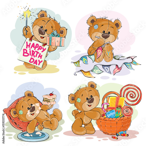Set of vector clip art illustrations of brown teddy bear wishes you a happy birthday. Print, template, design element for greeting cards