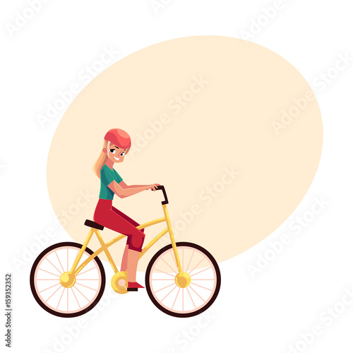 Young pretty blond woman, girl riding a bicycle, cycling, cartoon vector illustration with space for text. Full length, side view portrait of young long haired woman riding a bicycle, cycling
