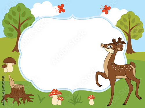 Vector Card Template with a Cute Deer  Butterflies  Mushrooms and Trees on Forest Background. 