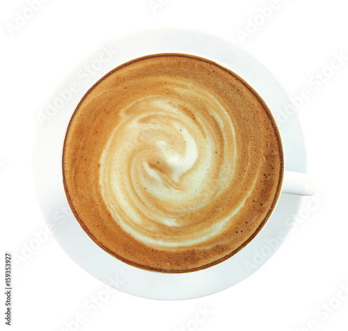 Top view of hot coffee cappuccino cup with spiral milk foam isolated on white background, clipping path included.