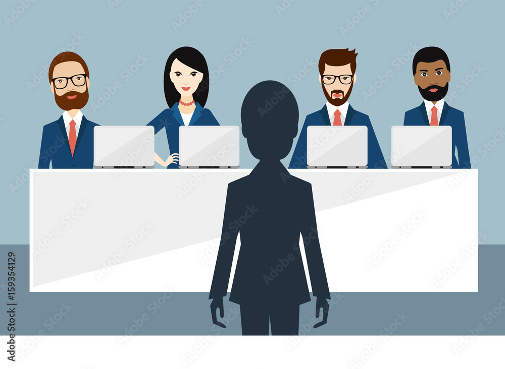 Job interview in office. Officers and candidate. Flat vector ilustration. Job interview in office. Officers and candidate. Flat vector ilustration.
