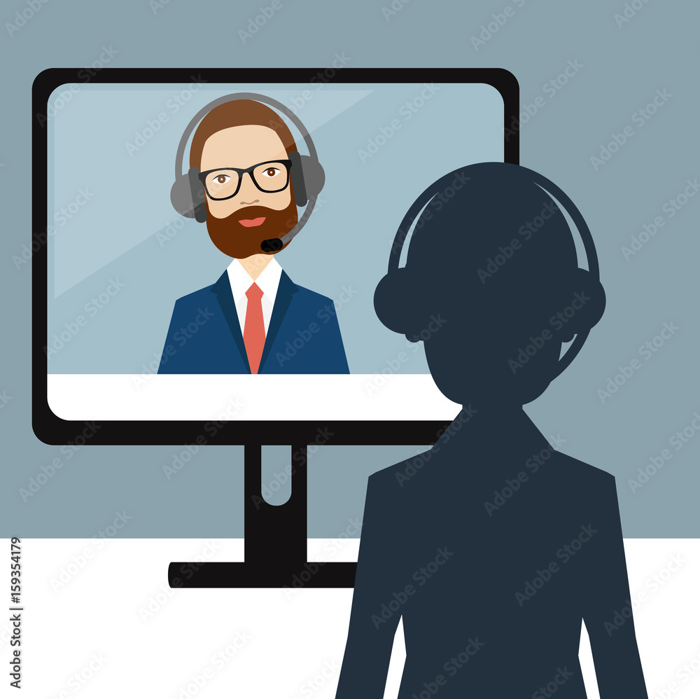 Video Job interview. Officer and candidate. Flat vector ilustration. Video Job interview. Officer and candidate. Flat vector ilustration.