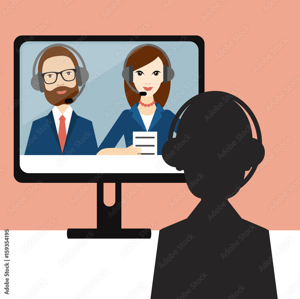 Video Job interview. Officer and candidate. Flat vector ilustration. Video Job interview. Officer and candidate. Flat vector ilustration.