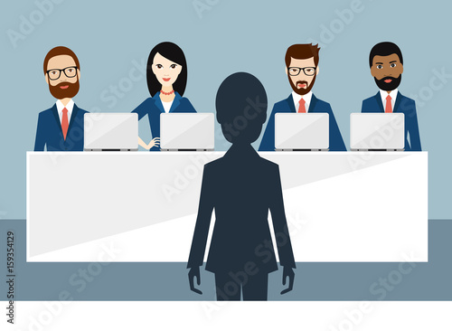 Job interview in office. Officers and candidate. Flat vector ilustration.