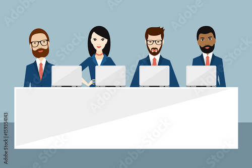 Meeting or conference of managers, presentation, speech, leadership, summit, business training. Flat vector ilustration.