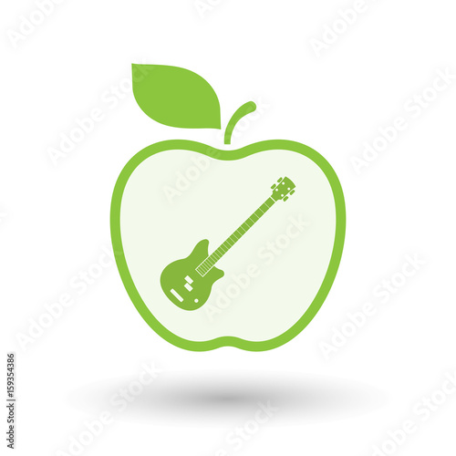 Isolated apple with  a four string electric bass guitar