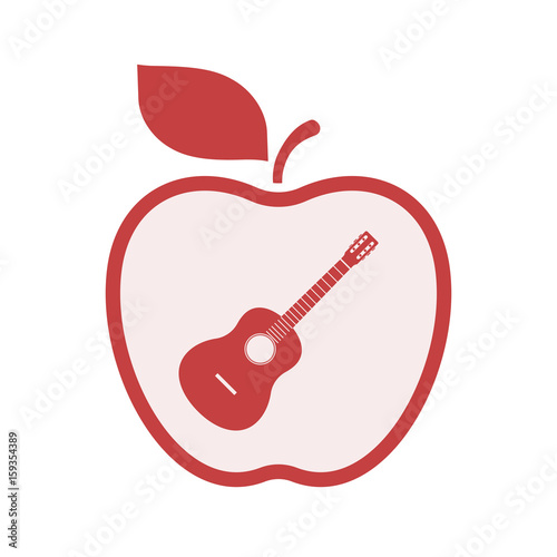 Isolated apple with  a six string acoustic guitar
