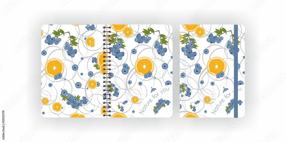 Notepad template. Notebook with fruit bilberries and oranges. Vector set. - obrazy, fototapety, plakaty 