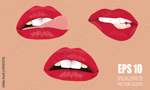 A set of female lips. Lush lips, how to kiss with an open mouth. Chic sexy red lips on beige background.