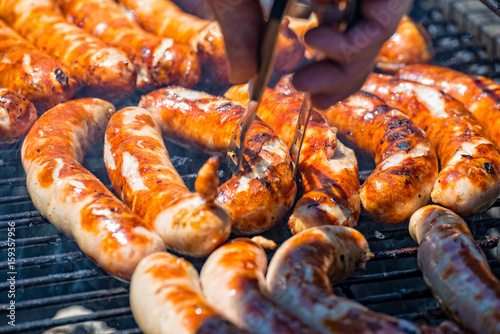 Original Thuringian frying sausages on the wood coal grill