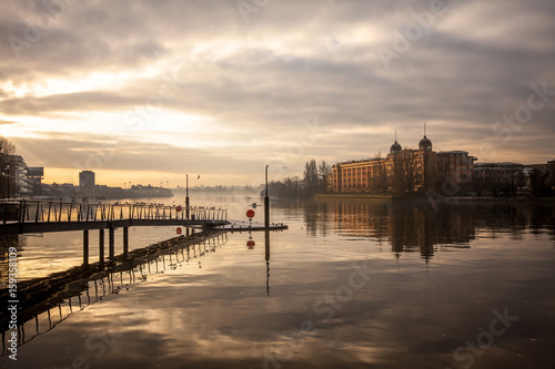 View of the old Harrods Building by the Thames from Fulham Reach, Hammersmith
