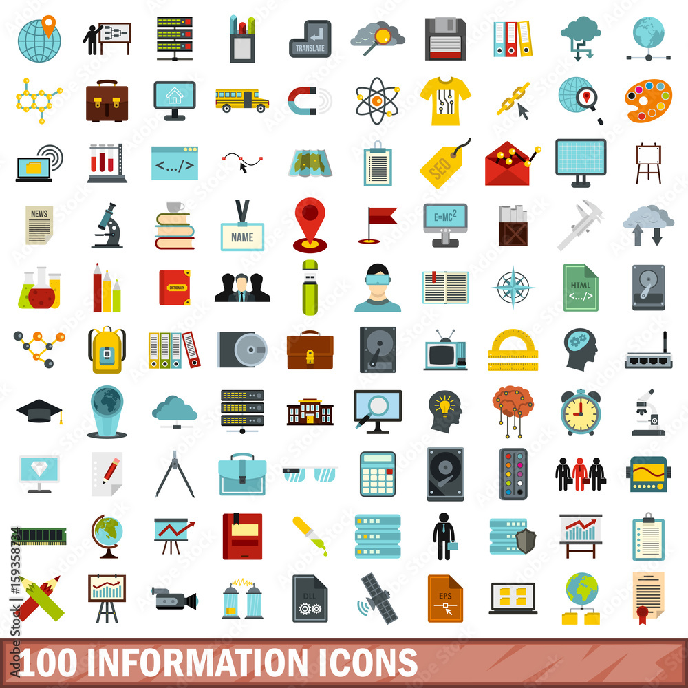 100 information icons set, flat style 100 information icons set, flat style