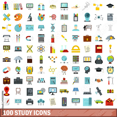 100 study icons set, flat style