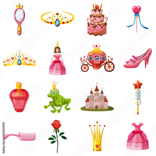 Princess fairytale doll icons set, cartoon style